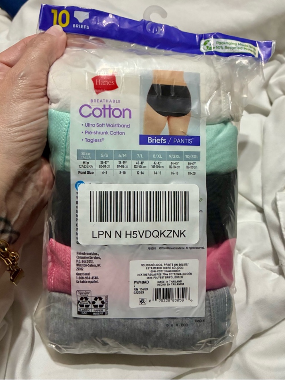 Hanes Women's Cotton Briefs 10-Pack in White, Mint, Black, Pink, Gray Size 7/L - Picture 2 of 2